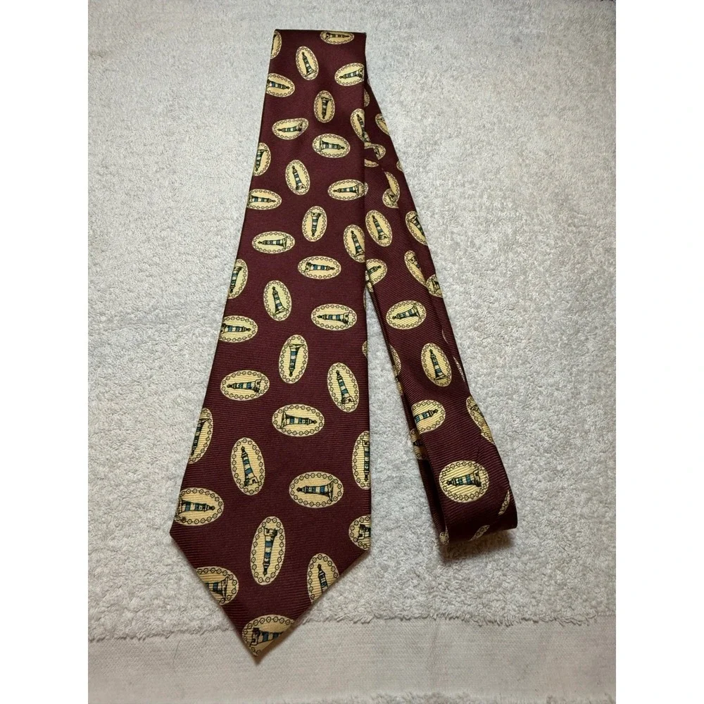 Burberrys of London Mens Silk Tie Burgundy Lighthouse Nautical Hand Sewn USA